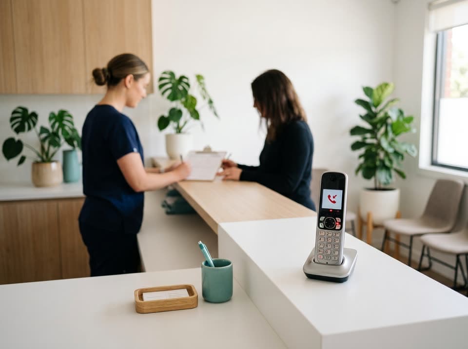 A phone showing a missed call on a clinic reception desk