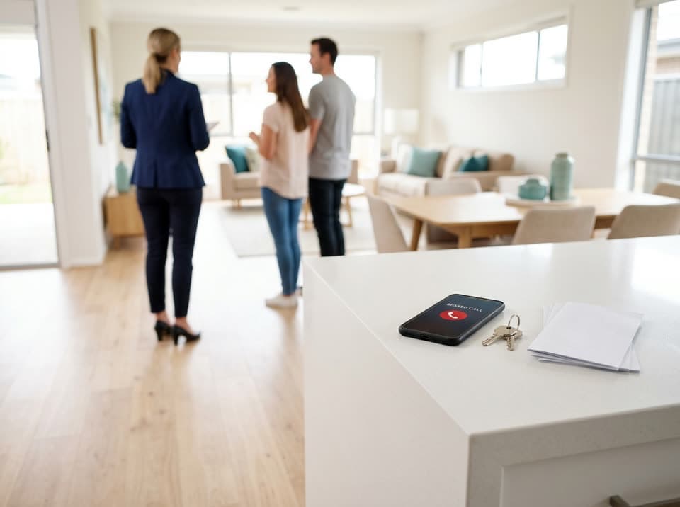 A phone showing a missed call on a desk in a real estate office