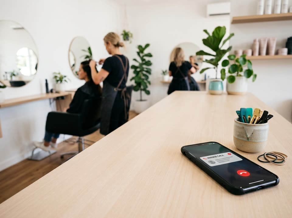 A phone showing a missed call on the counter of a busy hair salon