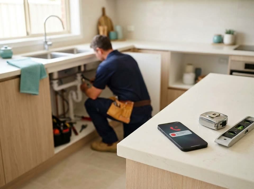 A phone showing a missed call on a work bench while a tradie works in the background
